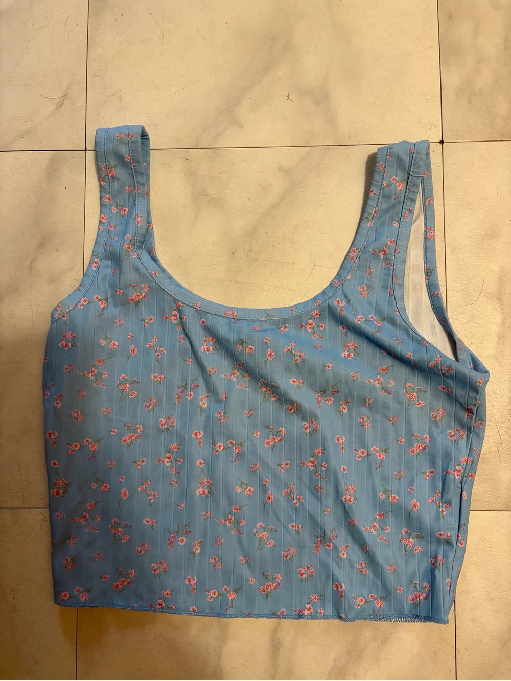SHEIN Blue Floral Ribbed Square Neck Crop Tank
